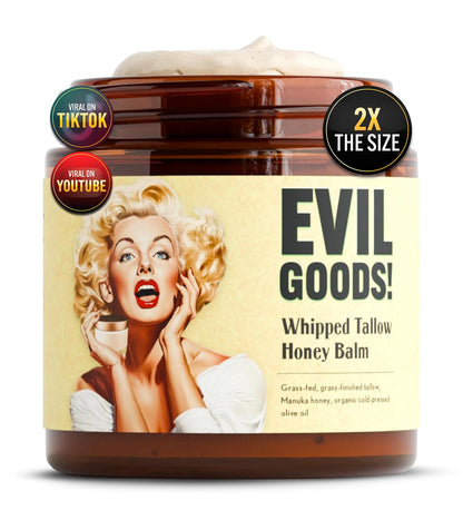 EVIL GOODS! Whipped Beef Tallow and Manuka Honey Balm, 4oz, Organic Face Cream, Moisturizer, Body Lotion, Skin Care and Lip Balm