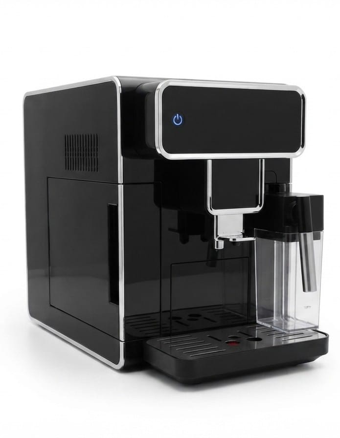 Black Vantage Bean to Cup Espresso Machine with one-touch brewing, 15-bar pressure, compact design, and water reservoir for home use