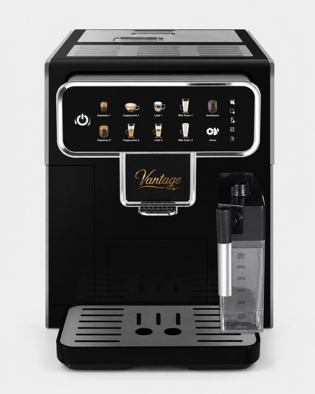 Black Vantage Bean to Cup Espresso Machine with digital touch controls, milk frother, and water reservoir, ideal for home coffee