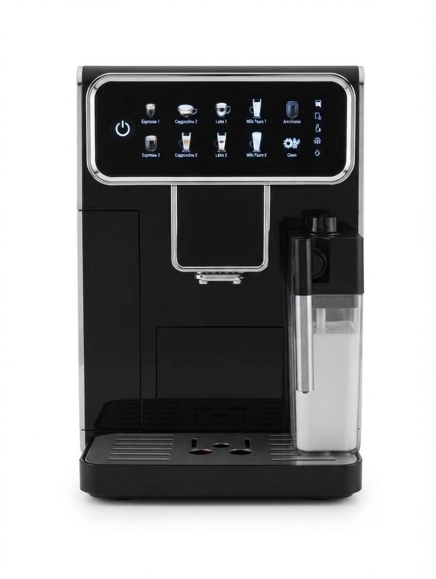 Black Vantage Bean to Cup Espresso Machine with a digital touch screen display showing various coffee options, built-in milk frother, and water reservoir on the right side, ideal for home barista use.